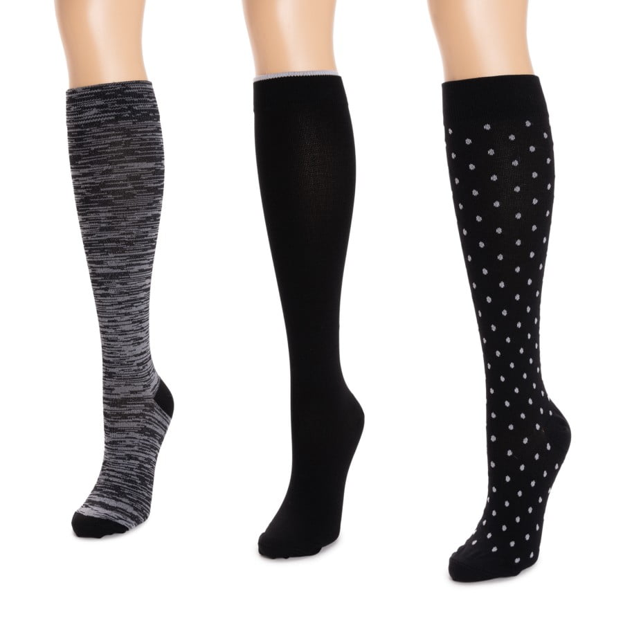 MUK LUKS Women's 3 Pair Pack Compression Socks, Black Multi, One Size