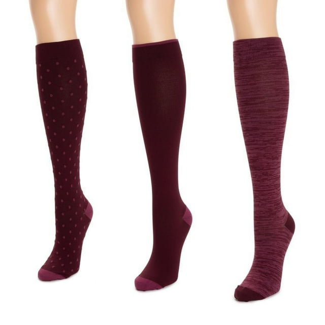 MUK LUKS Women's 3 Pair Pack Compression Socks, Burgundy Multi, One