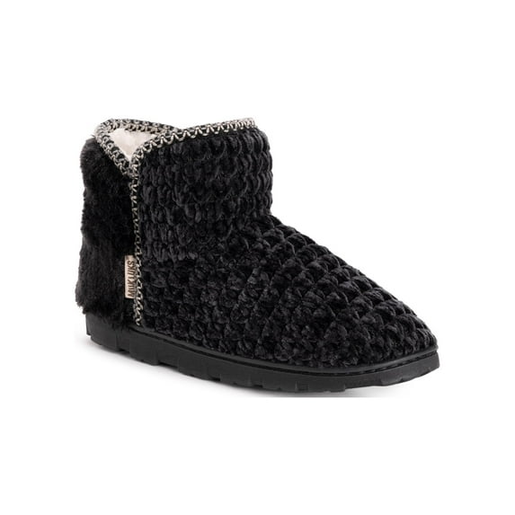 MUK LUKS Women's Chenille Fur Back Bootie, Black, Size 8