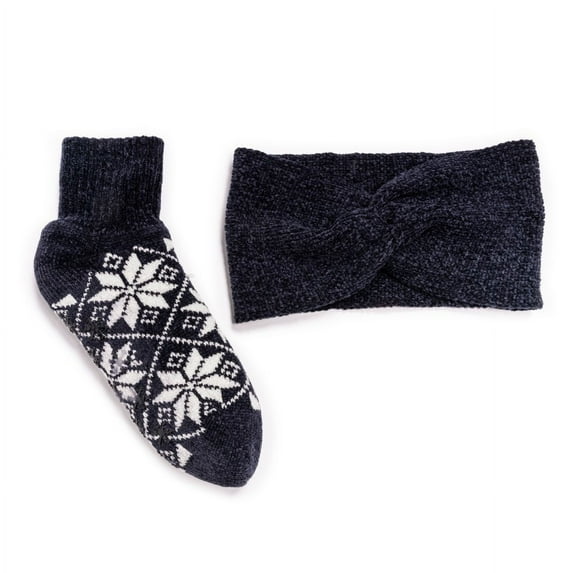 MUK LUKS Women's Chenille Sock and Headband Set, Navy, L/XL (8-10)