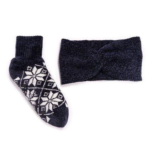 MUK LUKS Women's Chenille Sock and Headband Set, Navy, S/M (5-7)