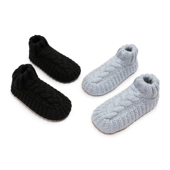 MUK LUKS Women's Cuffed Sweater Knit Ballerina - 2 Pair Pack, Black/Light Blue, S/M