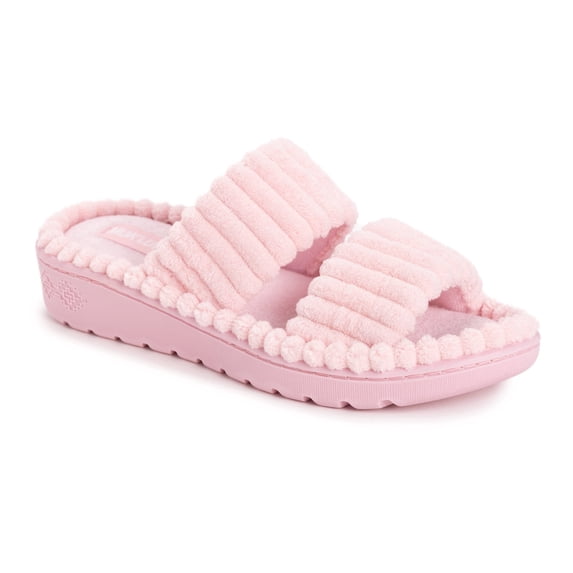 MUK LUKS Women's Double Strap Slide-Cloud Ribbed Terry Slipper