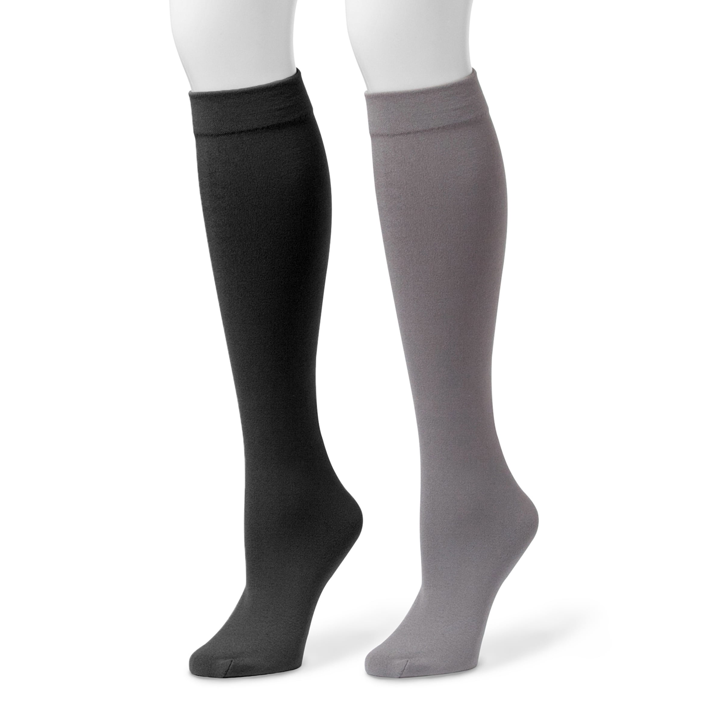 Muk Luks Women's 2 Pack Fleece Lined Knee High Socks, Blk/Dkgr, S/M