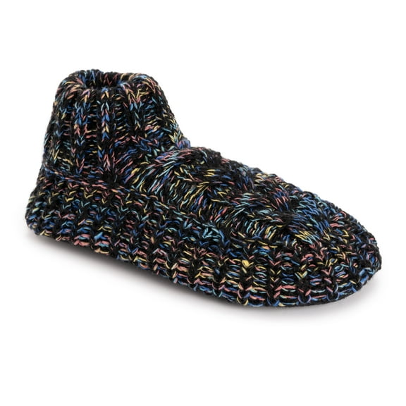 MUK LUKS Women's Icelandic Space Dye Marl Cabled Cuff Booties, Ebony, L/XL