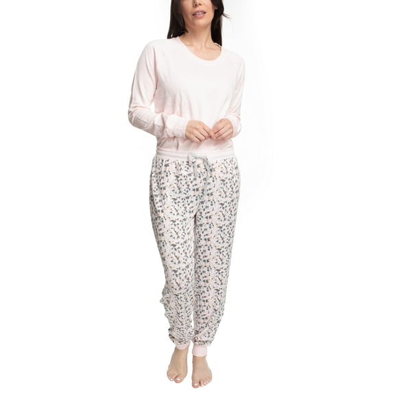 MUK LUKS Women's Ski Lodge Marshmallow Knit French Terry Long Sleeve and Jogger Pant Set, Pink/ Wild Animal, 3X