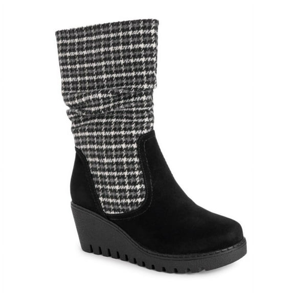 MUK LUKS Women's Vermont Stowe Wedge Boots - Houndstooth Black, 9
