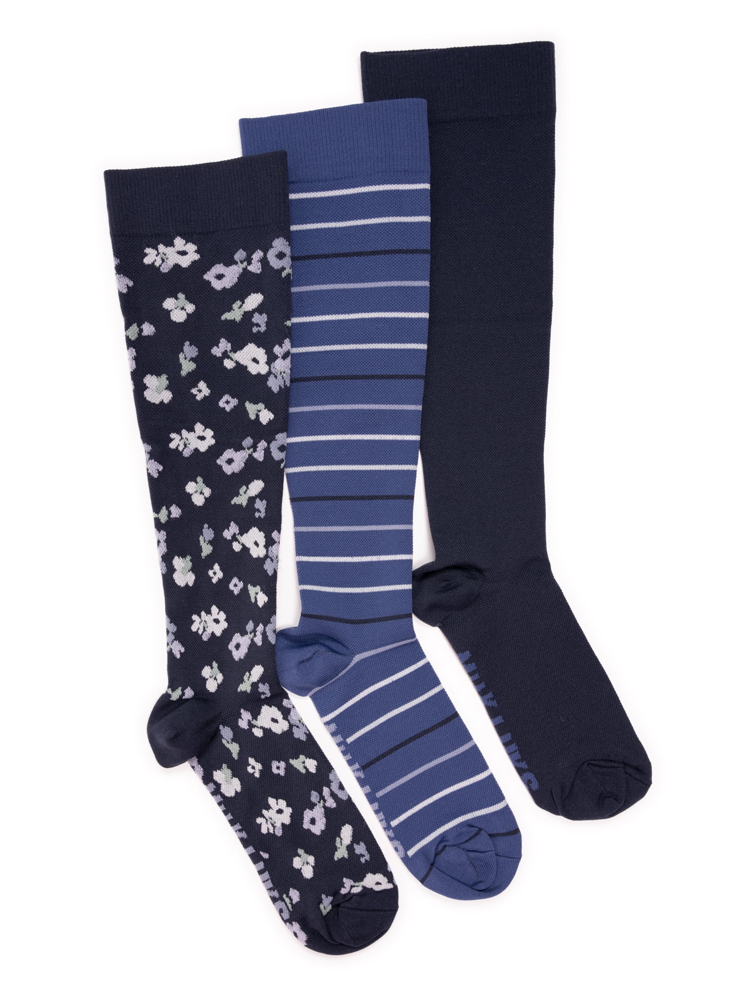 MUK LUKS Women's Wide Width Compression Nylon Knee-High Socks, 3-Pack, Shoe Size 6-10