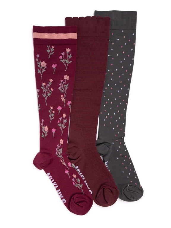 Women's Wide Width Compression Nylon Knee-High Socks, 3-Pack, Shoe Size 6-10