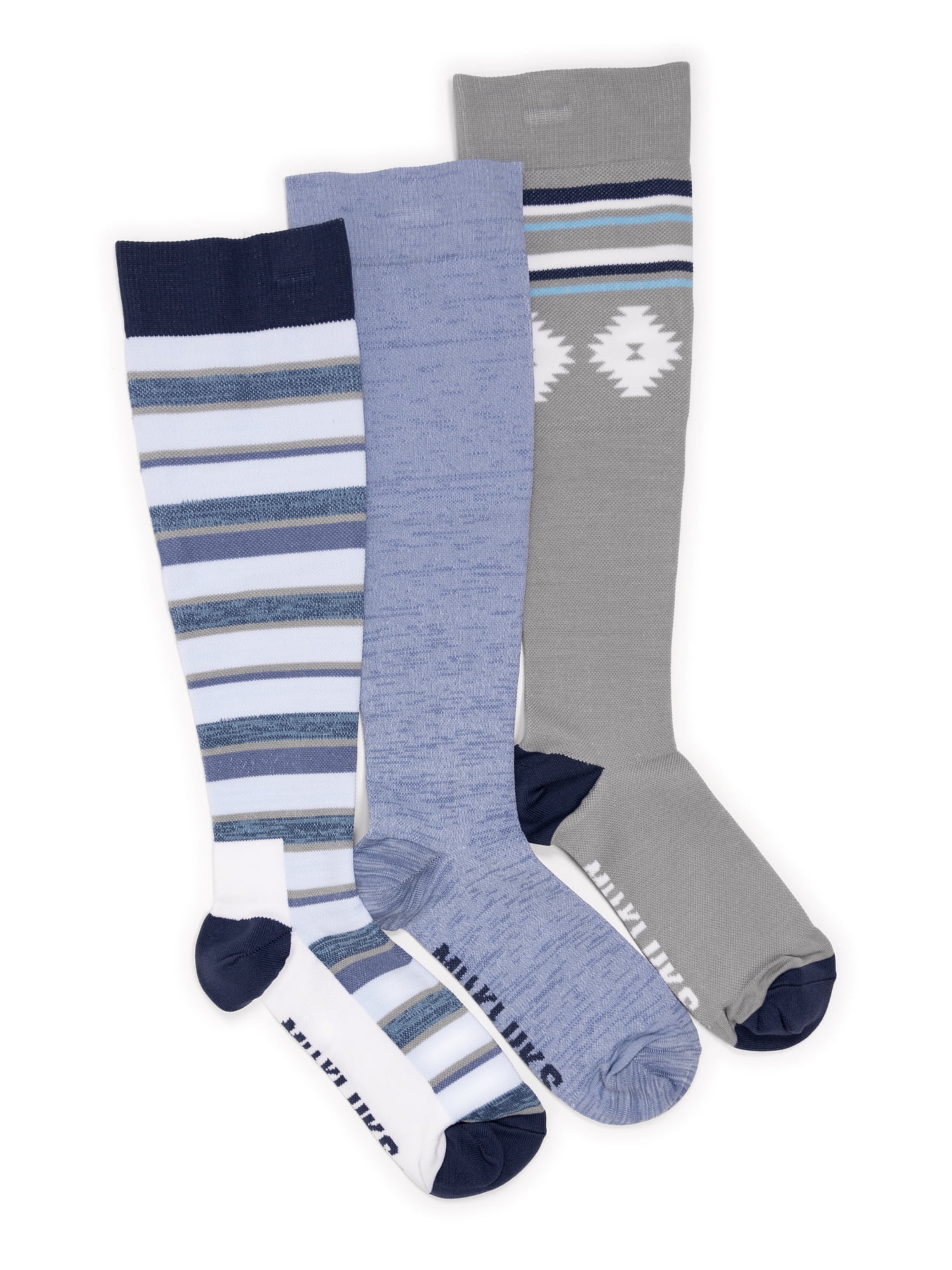 MUK LUKS Women's Wide Width Compression Nylon Knee-High Socks, 3-Pack, Shoe Size 6-10