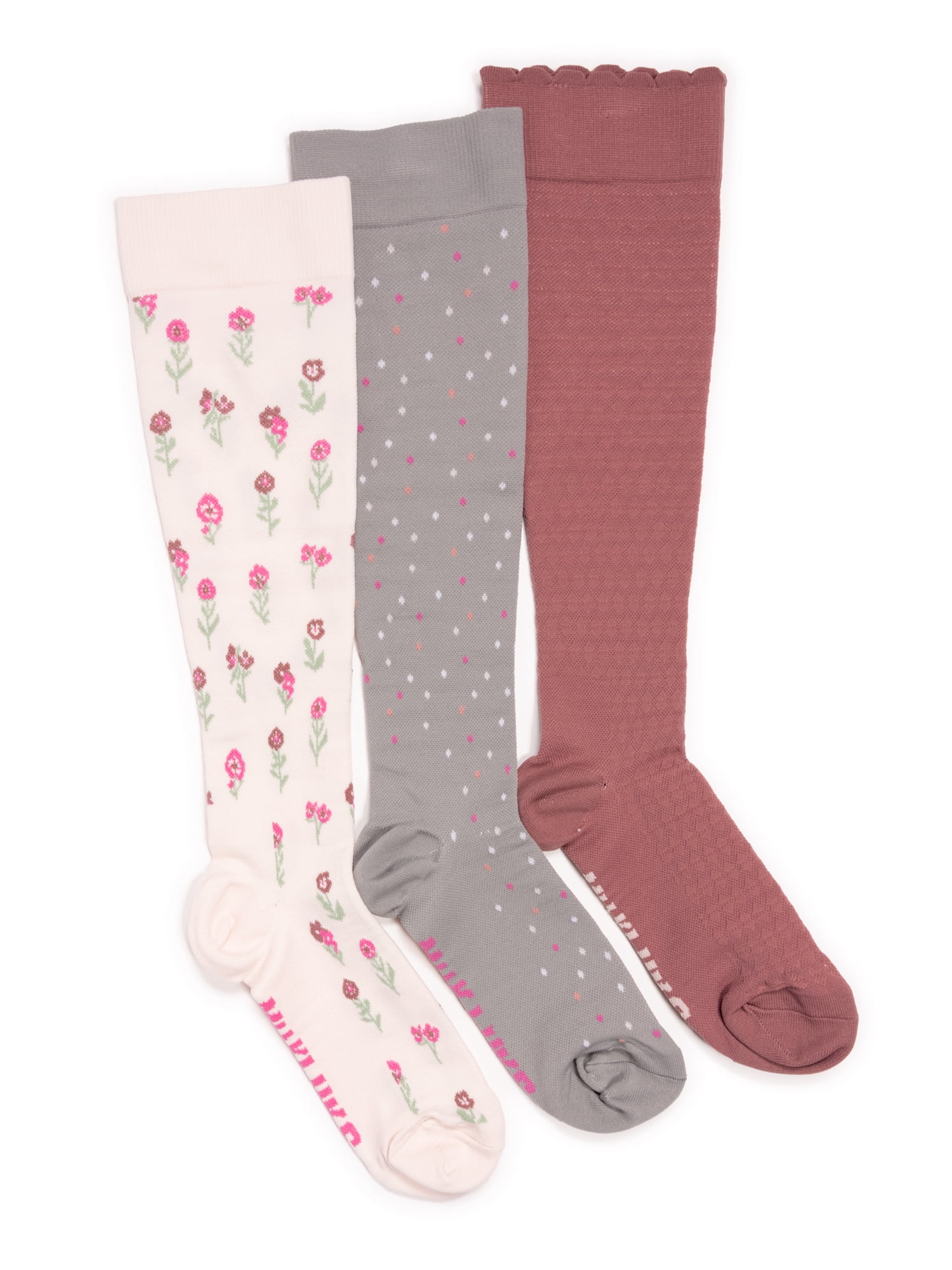 MUK LUKS Women's Wide Width Compression Nylon Knee-High Socks, 3-Pack, Shoe Size 6-10