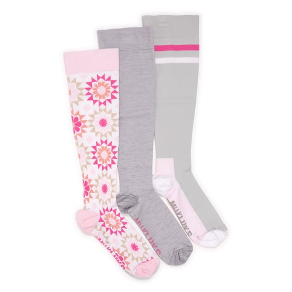 MUK LUKS Women's Wide Width Compression Nylon Knee-High Socks, 3-Pack, Shoe Size 6-10