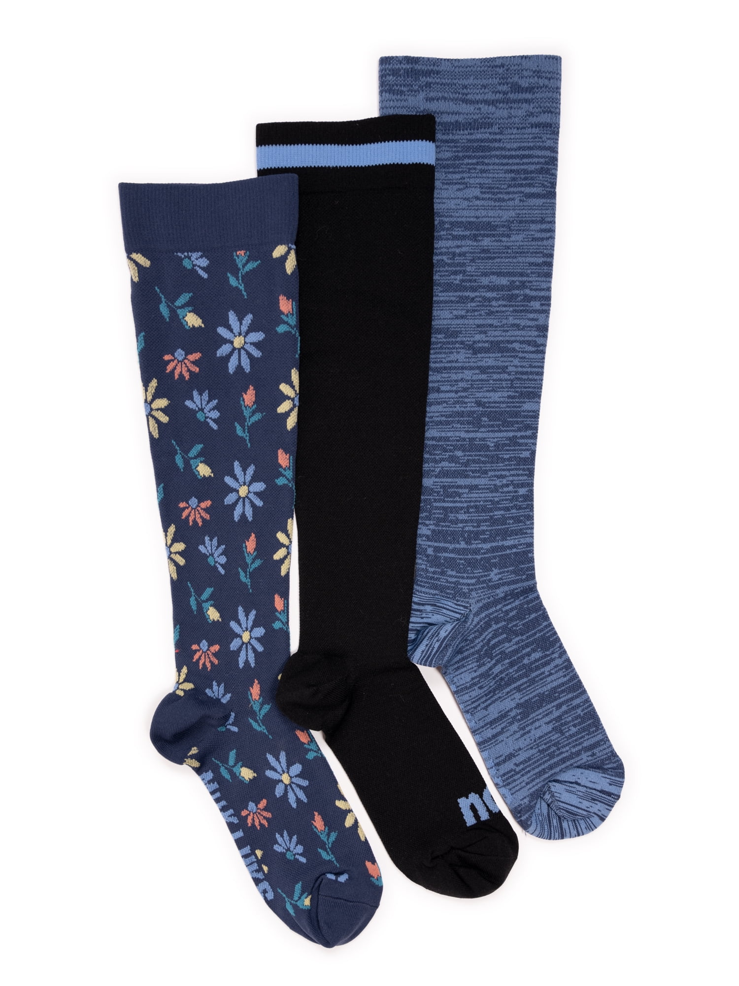 MUK LUKS Women's Wide Width Compression Nylon Knee-High Socks, 3-Pack, Shoe Size 6-10