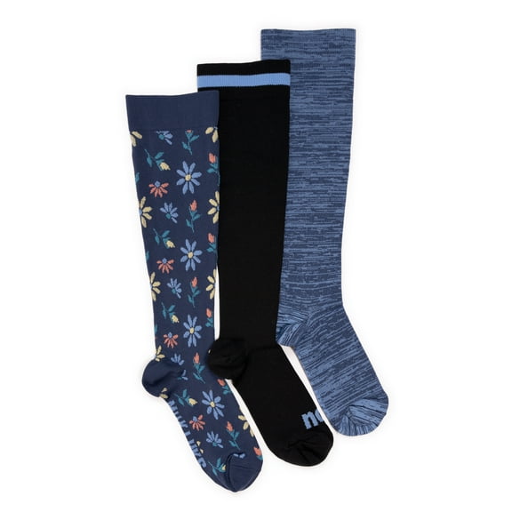 MUK LUKS Women's Wide Width Compression Nylon Knee-High Socks, 3-Pack, Shoe Size 6-10