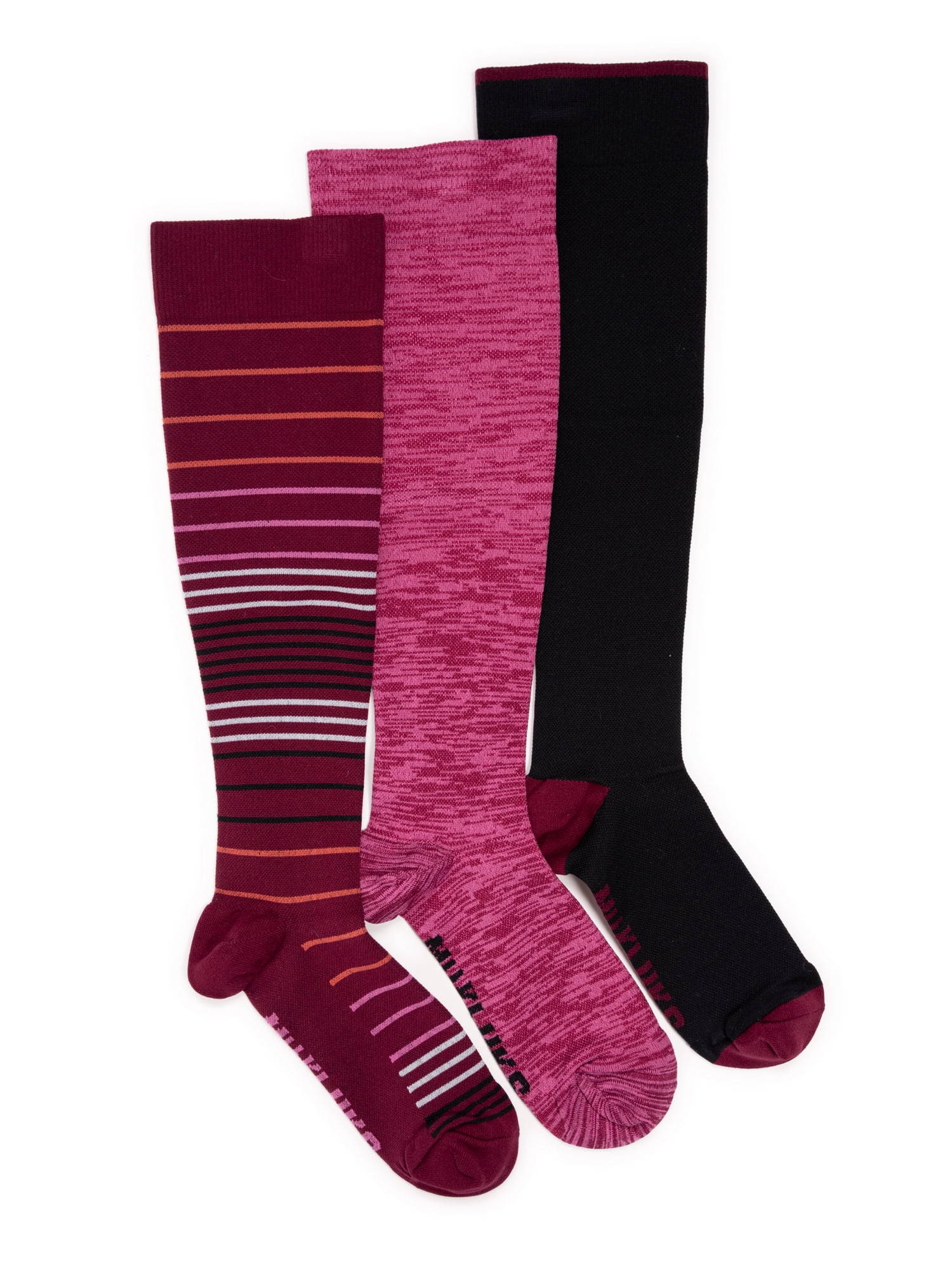 MUK LUKS Women's Wide Width Compression Nylon Knee-High Socks, 3-Pack, Shoe Size 6-10
