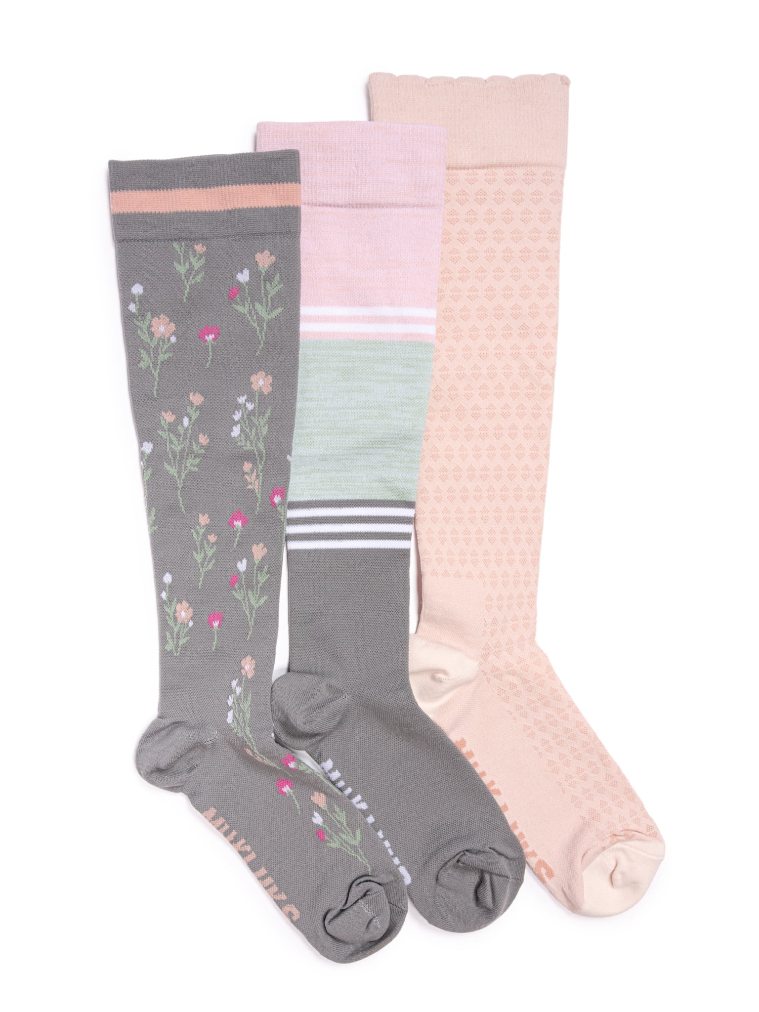 MUK LUKS Women's Wide Width Compression Nylon Knee-High Socks, 3-Pack, Shoe Size 6-10