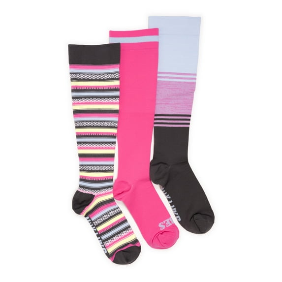 MUK LUKS Women's Wide Width Compression Nylon Knee-High Socks, 3-Pack, Shoe Size 6-10