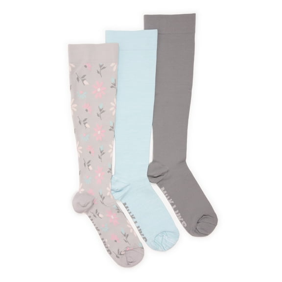 MUK LUKS Women's Wide Width Compression Nylon Knee-High Socks, 3-Pack, Shoe Size 6-10