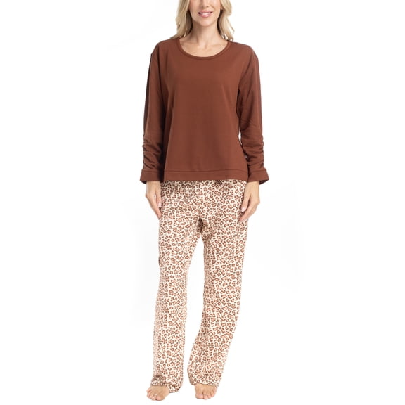 MUK LUKS Womens Pajama 2-Piece Set, Super Soft Long Sleeve Shirt and Pants, Sweater Weather, Pijama De Mujer, Caramel Leopard, XL