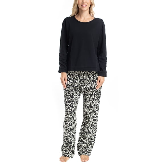 MUK LUKS Womens Pajama 2-Piece Set, Super Soft Long Sleeve Shirt and Pants, Sweater Weather, Pijama de Mujer, Black Vine, L
