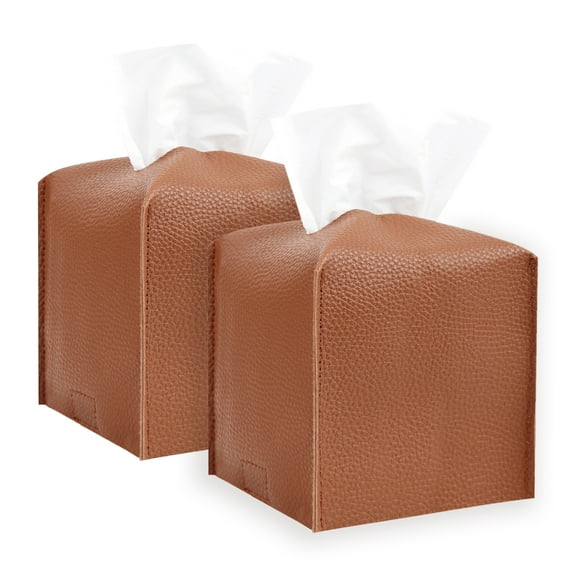 MUKA 2 Pack 5-Inch Square PU Leather Tissue Box Holder Tissue Box Organizer Facial Tissue Dispenser for Home and Office-Brown