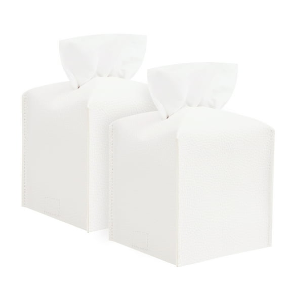 MUKA 2 Pack 5-Inch Square PU Leather Tissue Box Holder Tissue Box Organizer Facial Tissue Dispenser for Home and Office-White