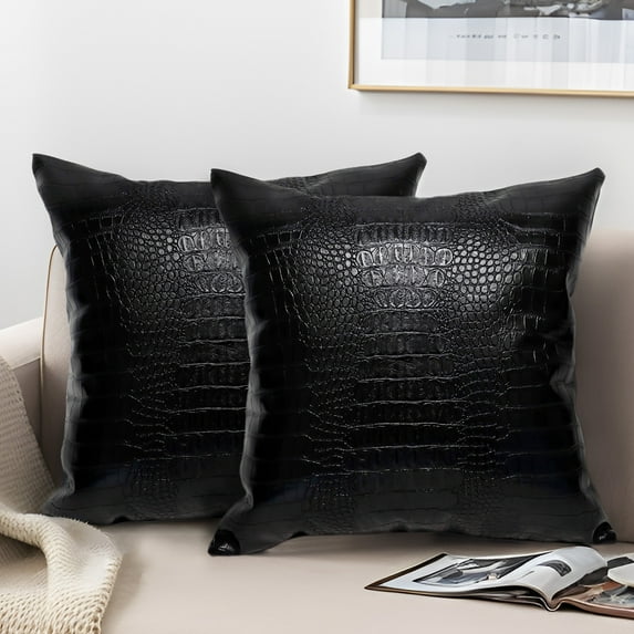 MUKA 2 Pcs Faux Leather Throw Pillow Covers 18 X 18 Inches, Solid Dyed Crocodile PU Leather Sofa Backrest Throw Pillow Cover-Black