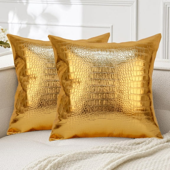 MUKA 2 Pcs Faux Leather Throw Pillow Covers 18 X 18 Inches, Solid Dyed Crocodile PU Leather Sofa Backrest Throw Pillow Cover-Gold