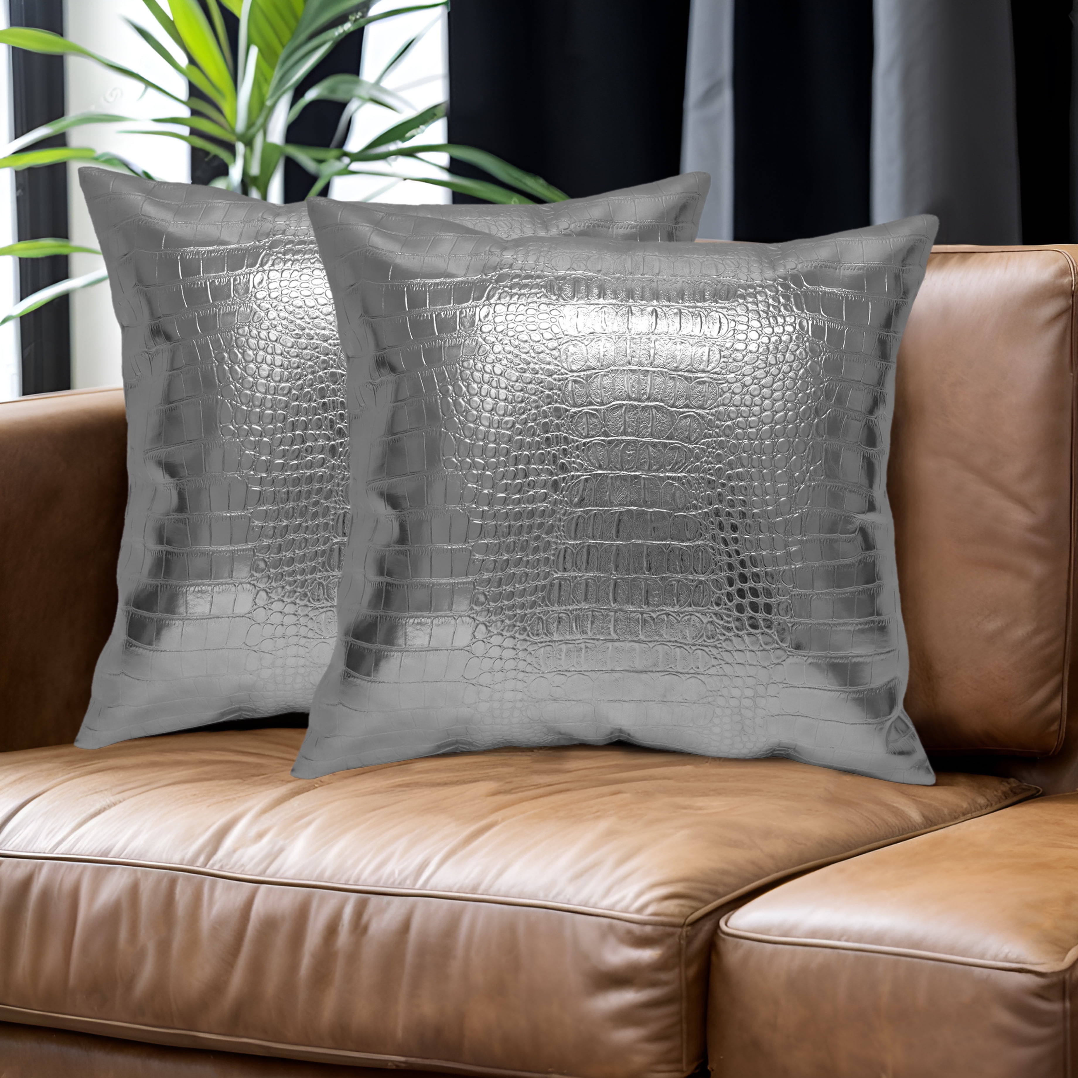 MUKA 2 Pcs PU Leather Throw Pillow Covers 18 X 18 Inches, Solid Dyed Crocodile PU Leather Sofa Backrest Throw Pillow Cover-Silver