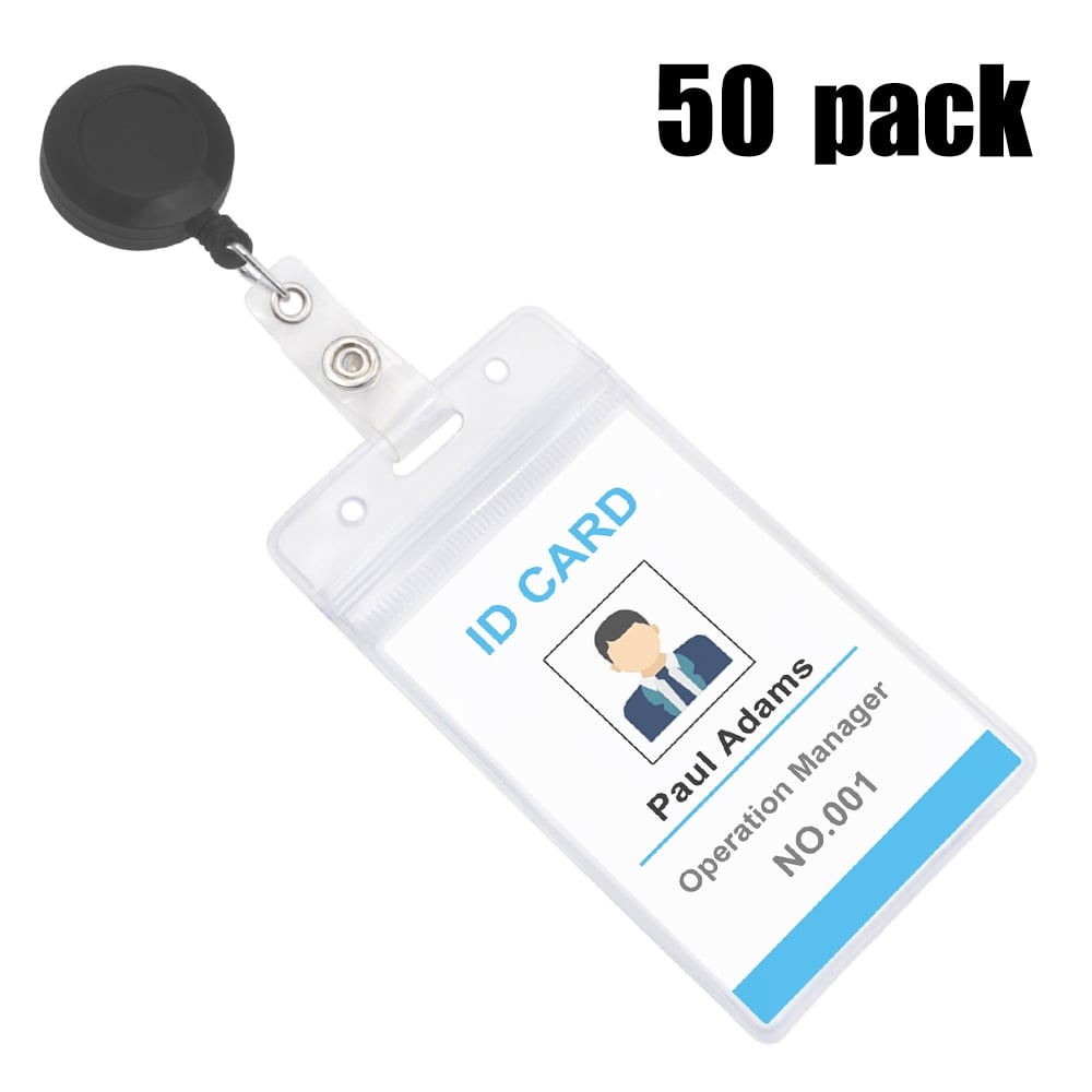MUKA 50 Pack Solid Color Retracting Badge Reel with Vertical Style Clear ID Card Holders Sets
