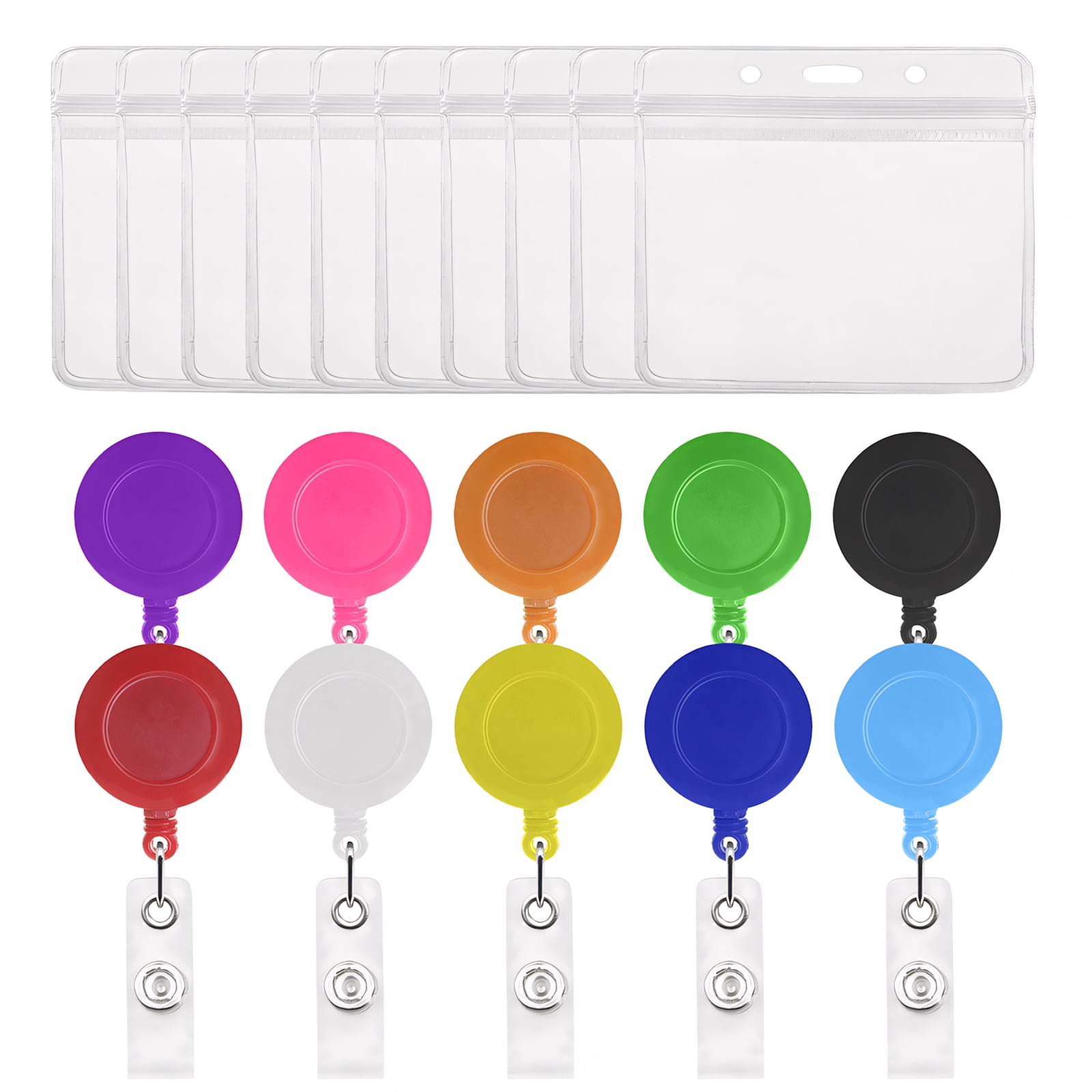 MUKA 50 Pack Solid Color Retracting Badge Reel with Vertical Style Clear ID Card Holders Sets