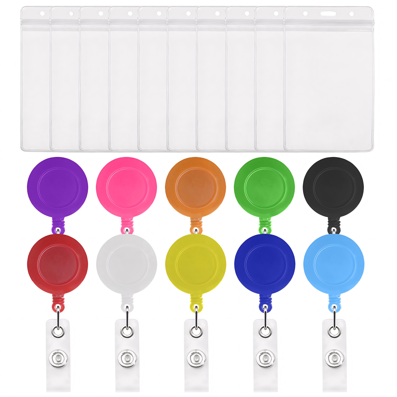 MUKA 50 Pack Solid Color Retracting Badge Reel with Vertical Style Clear ID Card Holders Sets