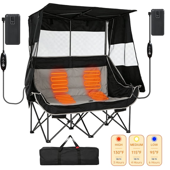 MUKE Heated Double Camping Chair with Canopy and Power Bank, Folding Loveseat, Black/Gray