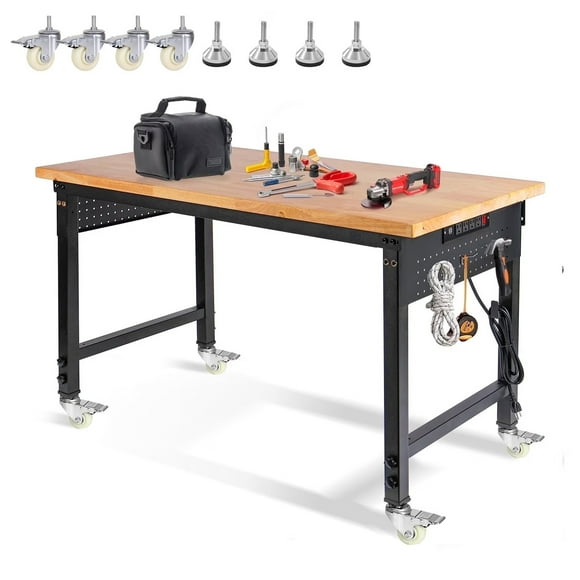 MUWOOD 48" Heavy-Duty Rubber Wood Workbench with Wheels and peg boar, Adjustable Height with Power Outlets, 2000 Lbs Capacity Workstation