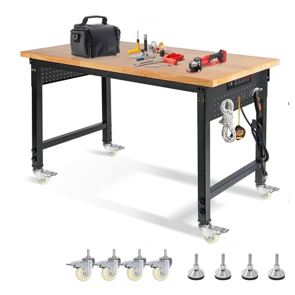 MUWOOD 48" Heavy-Duty Rubber Wood Workbench with Wheels and peg boar, Adjustable Height with Power Outlets, 2000 Lbs Capacity Workstation