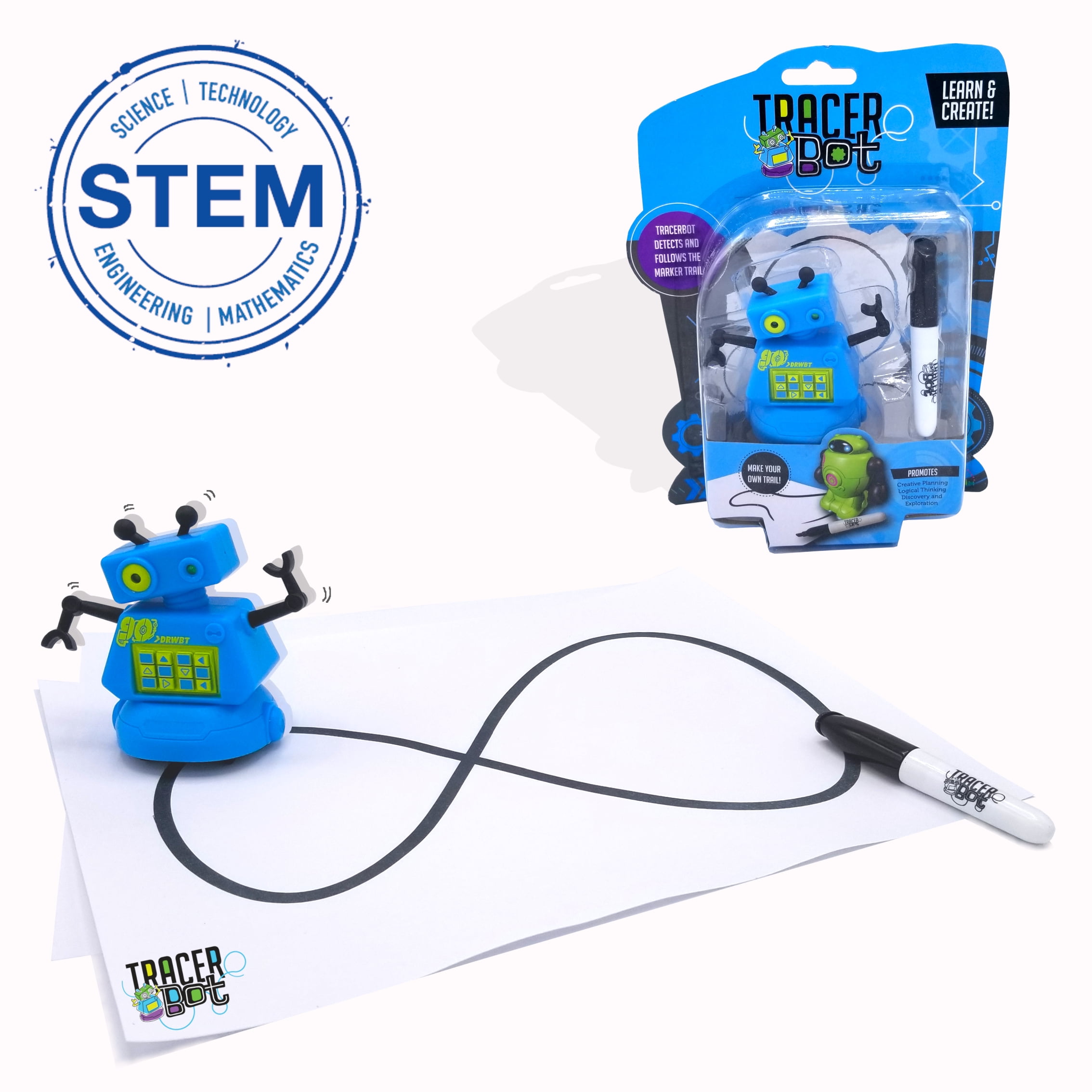 MUKIKIM Tracerbot - Blue – Mini Inductive Robot That Follows The Black Line You Draw. Fun, Educational, & Interactive Stem Toy with Limitless Ways to Play! Promotes Logic & Creativity Training…