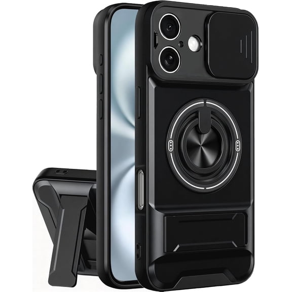 MUKO Designed for iPhone 17 Case with Slide Lens Protection + 360° Rotate Ring Magnetic Kickstand,Military Grade Shockproof Heavy Duty Protective with Magnetic Car Mount Holder Cover Black