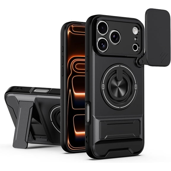 MUKO Designed for iPhone 17 Case with Slide Lens Protection + 360° Rotate Ring Magnetic Kickstand,Military Grade Shockproof Heavy Duty Protective with Magnetic Car Mount Holder Cover Black