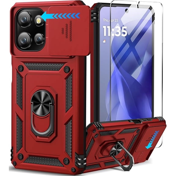 MUKO for Motorola Moto G Power 2025 Case with Screen Protector & Slide Camera Lens Cover, Built-in Ring Stand Protective Cover for Motorola Moto G Power 5G 2025 Case Red
