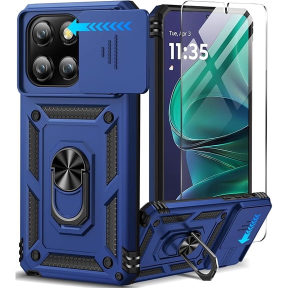 MUKO for Motorola Moto G Stylus 2025 Case with Screen Protector & Slide Camera Lens Cover, Built-in Ring Stand Shockproof Protective Phone Case for Moto G Stylus 5G 2025 Case Blue