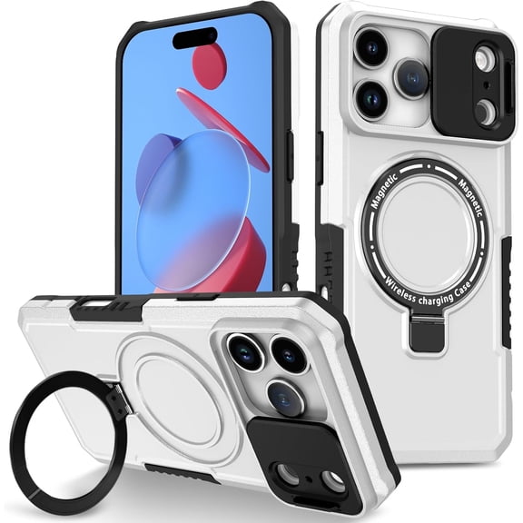 MUKO Ring Holder Sliding Window Magnetic Mobile Phone Case for Apple iPhone 17 Pro Max,[Phone Holder] Matte Shockproof Protective Phone Cover Military Cases White