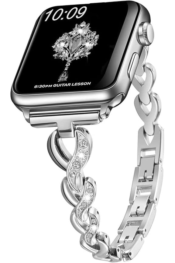 Women's Stainless Steel Band for Apple Watch 38mm 40mm 41mm 42mm - Fancy Heart Rhinestone Bling Strap, Dressy Metal Link Bracelet for Apple Watch Series 10/9/8/7/SE/6/5/4/3/2/1 Silver