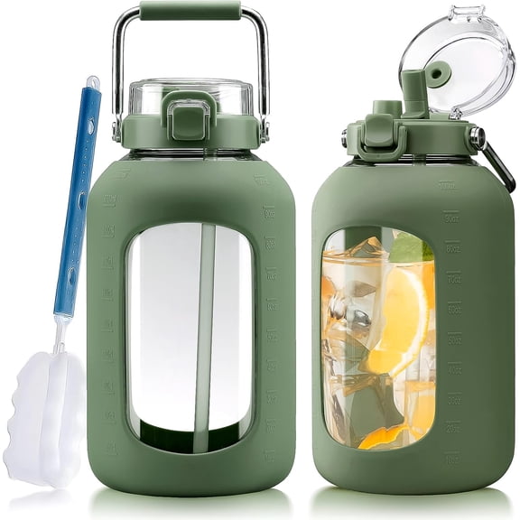 MUKOKO 100oz Glass Water Bottles, Large Size Drinking with 2-in-1 Straw Lid and Handle , 3-Liter Wide Mouth Glass Water Jug with Silicone Sleeve, Olive