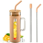 MUKOKO 20oz Glass Water Tumble with Straw and Bamboo Lid, Reusable Water Bottle with Water Marker, Iced Coffee Cup with Straw Silicone Protective Sleeve-Amber
