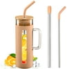 MUKOKO 20oz Glass Water Tumble with Straw and Bamboo Lid, Reusable Water Bottle with Water Marker, Iced Coffee Cup with Straw Silicone Protective Sleeve-