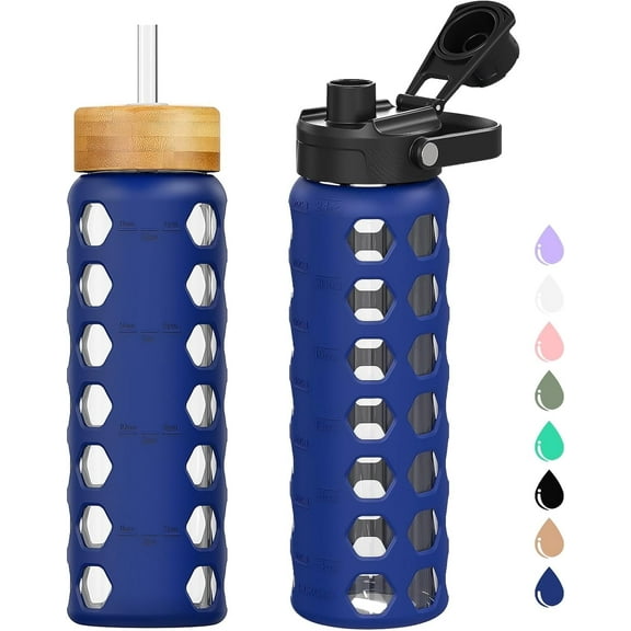 MUKOKO 24oz Glass Water Bottle, Glass Reusable Bottle with Silicone Sleeve and Straw, 1 Cup 2 Lids, Blue