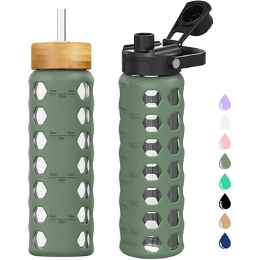 MUKOKO 24oz Glass Water Bottle, Glass Reusable Bottle with Silicone Sleeve and Straw, 1 Cup 2 Lids, Olive