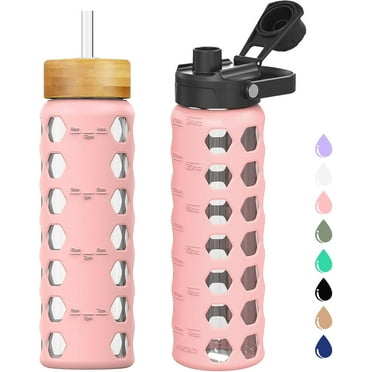 MUKOKO 24oz Glass Water Bottle, Glass Reusable Bottle with Silicone Sleeve and Straw, 1 Cup 2 Lids, Pink