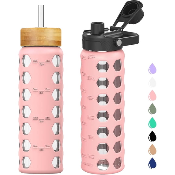 MUKOKO 24oz Glass Water Bottle, Glass Reusable Bottle with Silicone Sleeve and Straw, 1 Cup 2 Lids, Pink