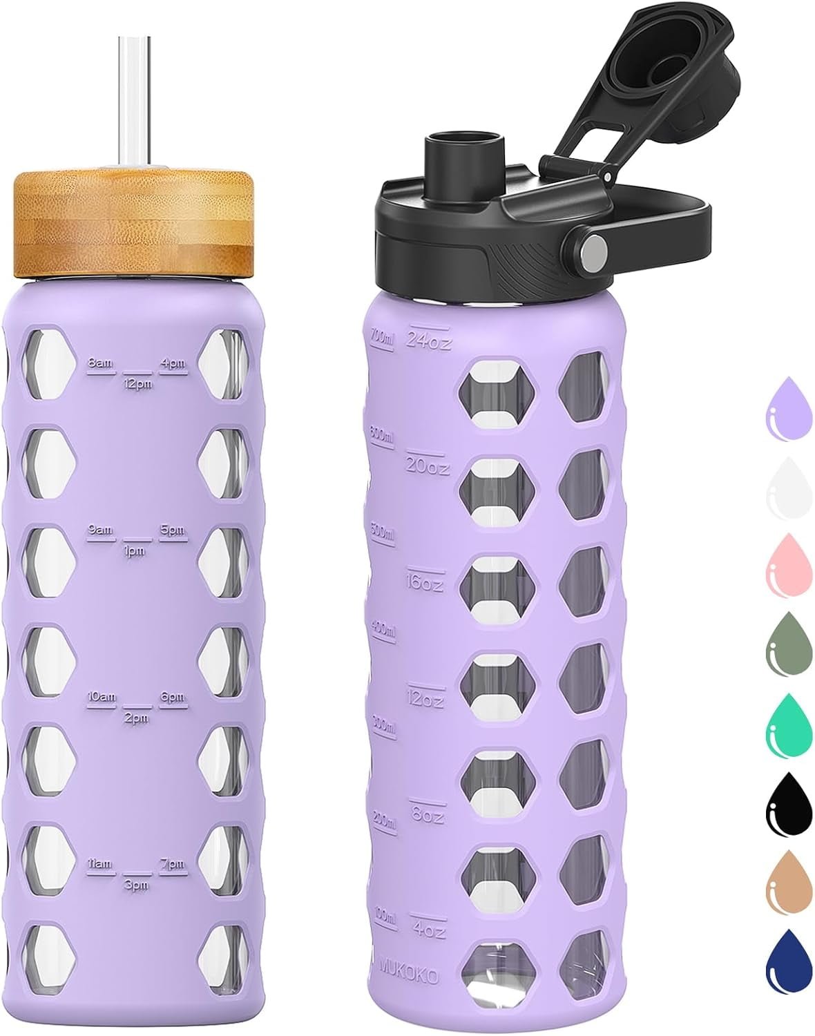 MUKOKO 24oz Glass Water Bottle, Glass Reusable Bottle with Silicone Sleeve  and Straw, 1 Cup 2 Lids, Purple - Walmart Business Supplies